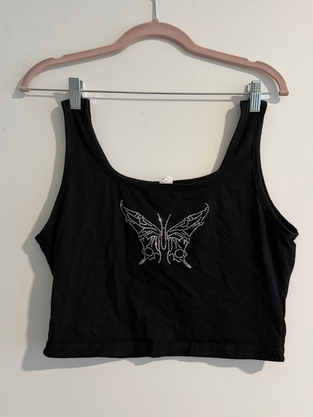 Black Butterfly Rhinestone Crop Tank Top - Women